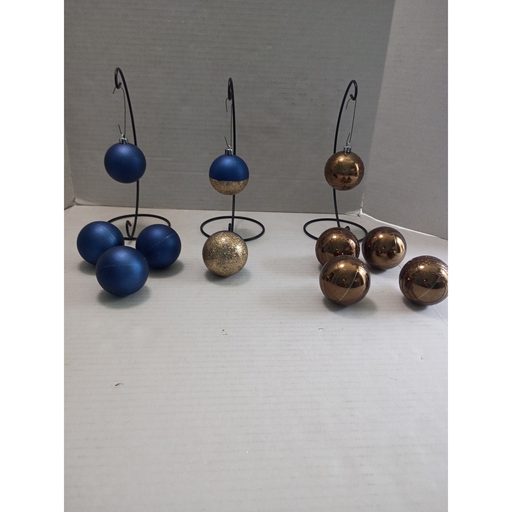 Navy Blue Gold Bronze Christmas Ornaments Set Glitter Metallic Mixed Lot 11pc